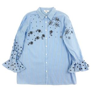 Lena Gabrielle Blue Striped Scattered Floral Beaded Details Women's Tunic